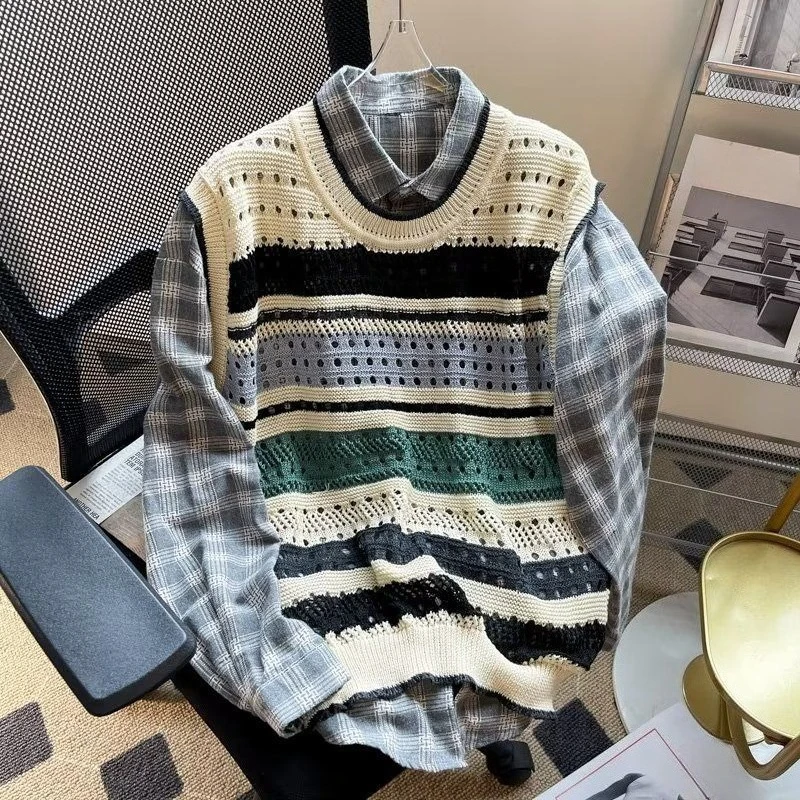 

Men's Stylish Colorful Hollow Out Knit Tank Top Casual Sporty Layering Sleeveless Vest Round Neck Overcoat