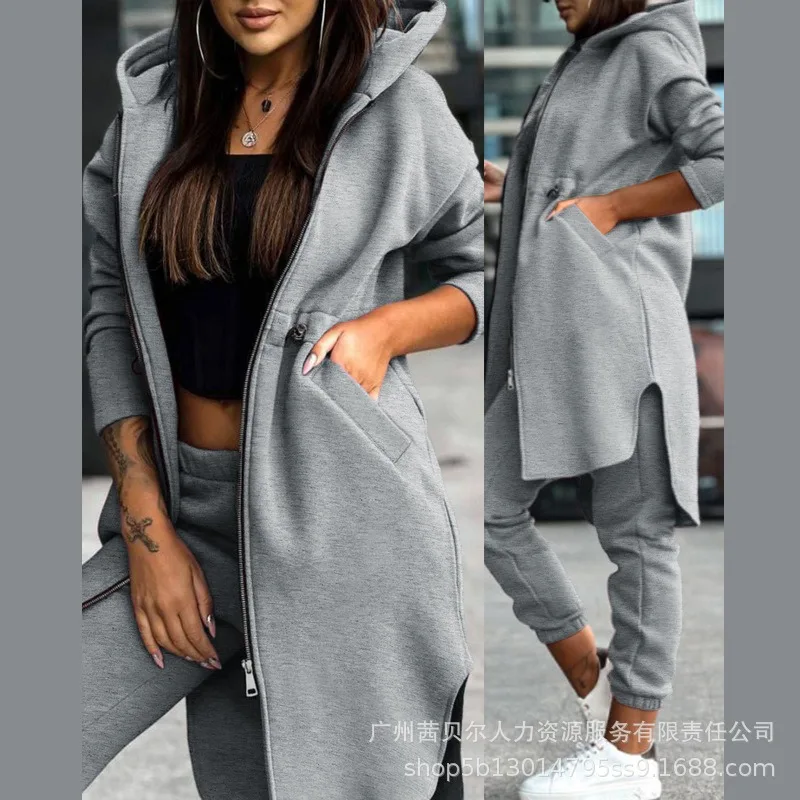 Women\'s Hooded Zipper Irregular Large Coat Mid Waist Pencil Pants Two-Piece Suit Autumn Winter New Solid Color Printing Suit