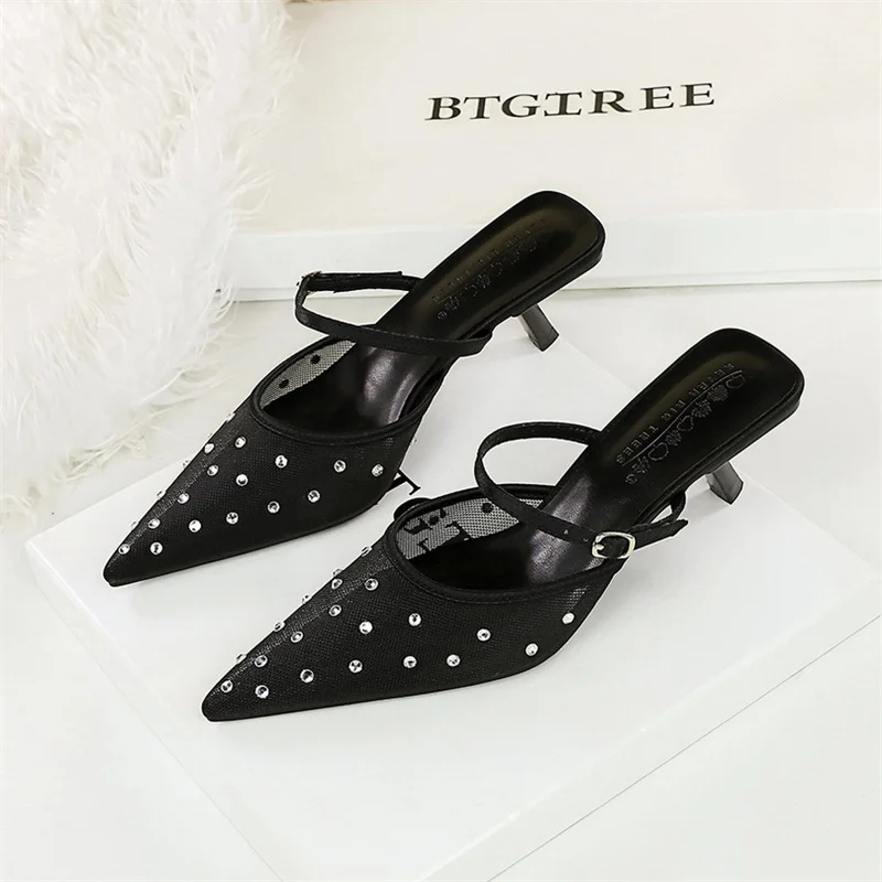 Crystal Mesh Fabric Pointed Toe Slippers Women Sexy Elegant Buckle Strap Party Thin Low Heels Shoes High heels 5CM 6