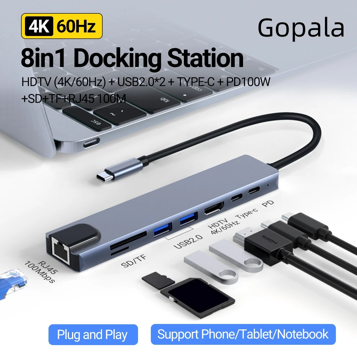 

Gopala 8 in 1 USB C Hub with Ethernet, 100W PD, HDMI 4K@60Hz, 2 USB 2.0, Type C Data Port, SD/TF Card Reader for Laptops