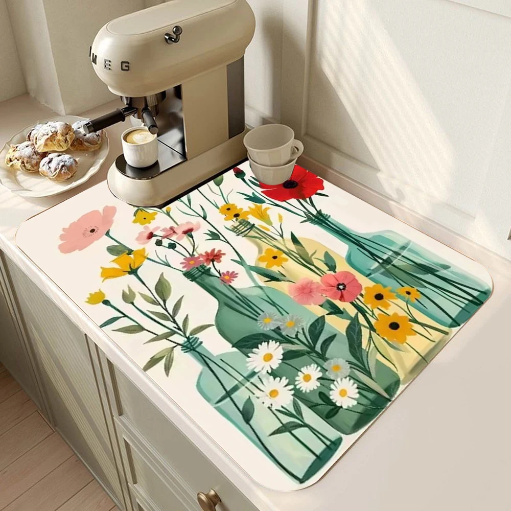 Flower Mat Absorbent Dish Drying Mat for Kitchen Counter Rubber Backed Coffee Bar Fit Under Espresso Machine