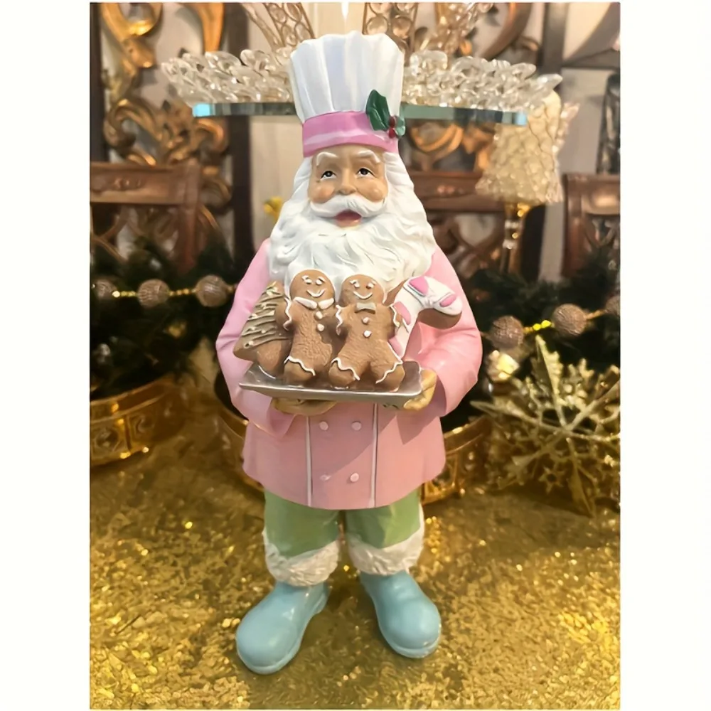 Resin Pink Christmas Santa Claus Chef Decorative Ornament Festive Tabletop Decoration with Gingerbread Cookies Home Room Decor