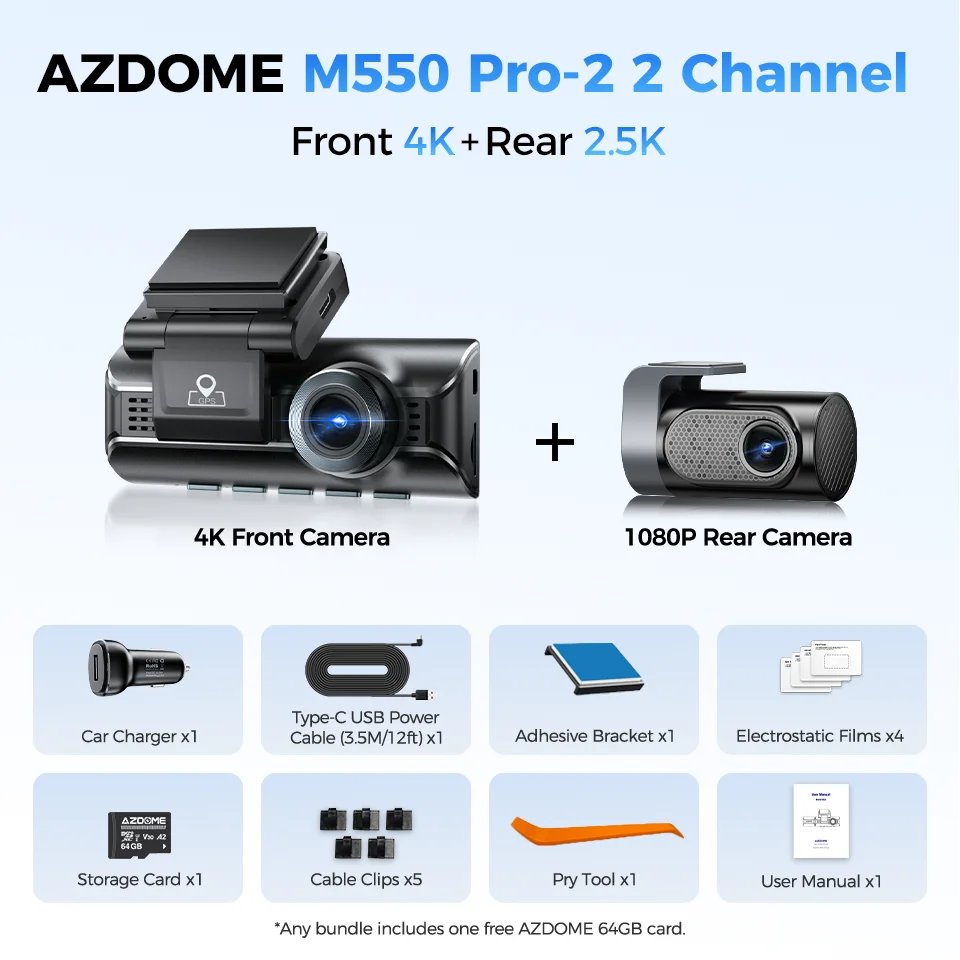 AZDOME 4K Dashcam M550 Pro-2CH 2.5K Achteruitrijcamera GPS 5GHz WiFi Auto DVR met WDR Nachtzicht G-Sensor Parkeermonitor 64GB Kaart