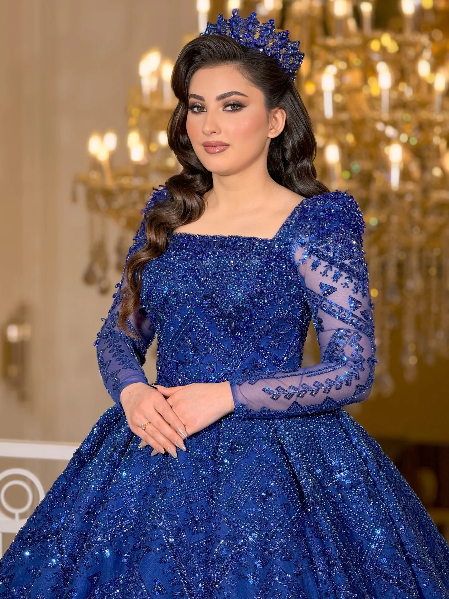 

Designer 2026 Dubai Wedding Dresses Royal Blue Beads Women Formal Evening Gowns Long Sleeves Luxury Vestido de fiesta Customized