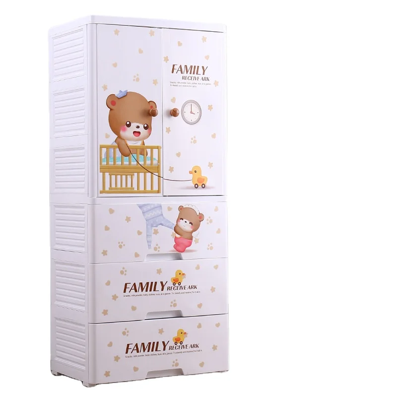 Hot Amazon High Quality 60*41*114 Cm Open Door Baby Bear Cartoon Plastic Wardrobe With Hanger And 3 Drawers