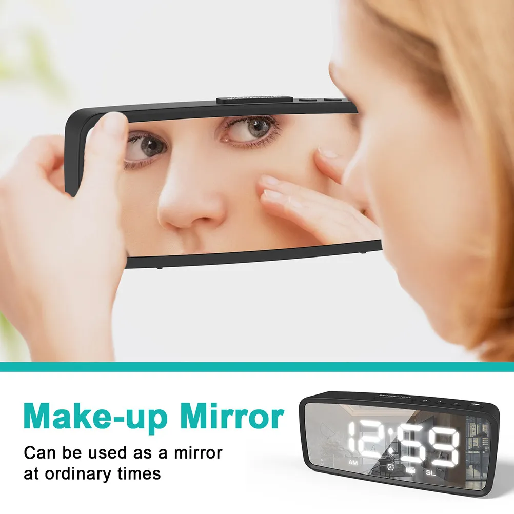 

Многофункциональный светодиодный радиобудильник с зеркальной поверхностью, компактные настольные часы для спальни, 1 шт.