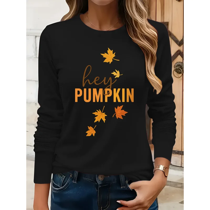 Women Long Sleeve T-shirt Hey Pumpkin Maple Leaf Letter Print Crew Neck Casual Tee