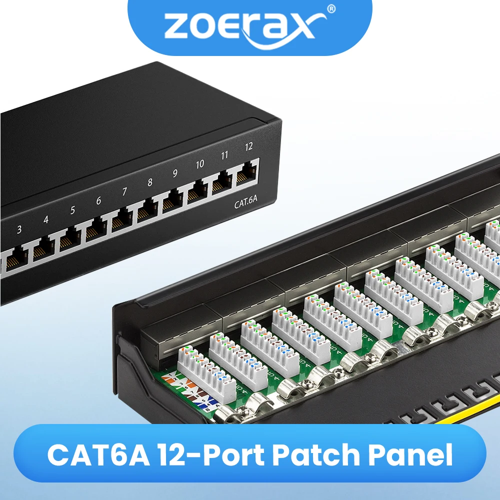 ZOERAX 8/12 Port 1U RJ45 CAT6A Patch Panel 10Gbps Desktop & Wall Mounting Shielded for Socket LAN Network Installation Cable