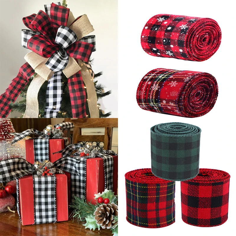 6m Christmas Plaid Ribbon Snowflake Buffalo Plaid Linen Ribbons Xmas Tree DIY Bows Christmas Wreath Gift Wrapping Ribbon Decor