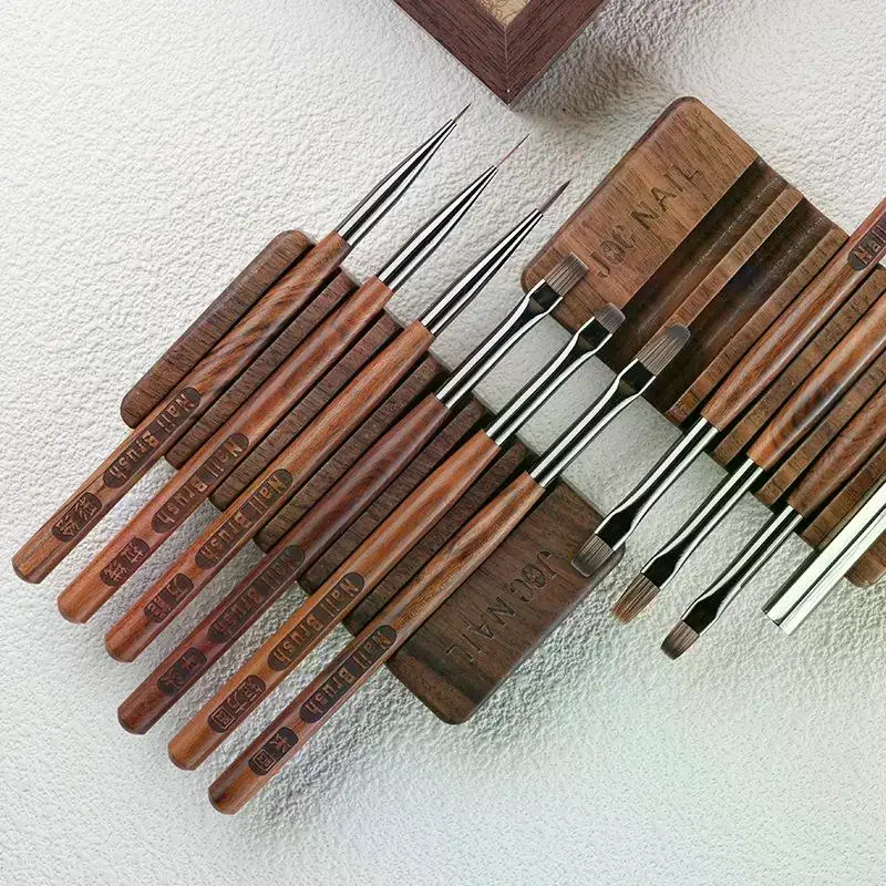 Nail Pen Storage Holder 6 Grids Premium Sandalwood Nail Brush Rest Stand for Home DIY Manicure Nail Studio Use