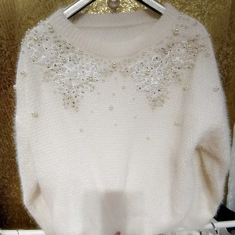 

Luxury Heavy Embellished Sweater 3D Pearl Floral Beading Pullovers Casual Loose Women's Warm Knitwear Tops F584