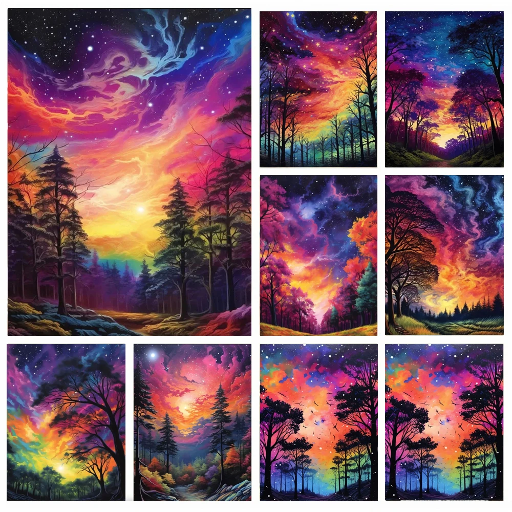 DIY 5D Diamond Painting Cross Stitch Colorful Milky Way Clouds Landscape Full Square Drill Mosaic Kits Tree Forest Home Decor