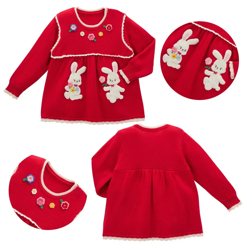

Children's Prosperous Rabbit Knit Sweater Autumn and Winter New Girls' Cartoon Cute Little Rabbit Floral Embroidery Sweater