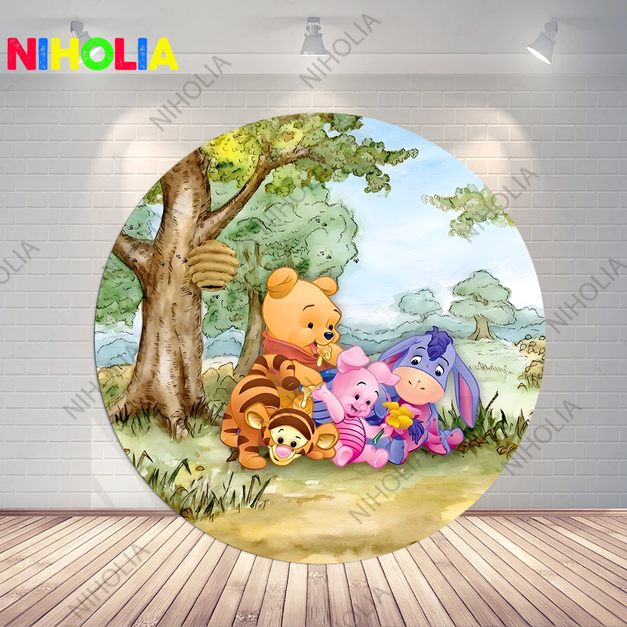 Winnie the Pooh Round Backdrop Kids Birthday Party Baby Shower Decoration Background Circle and Cylinder Covers For Cake Table