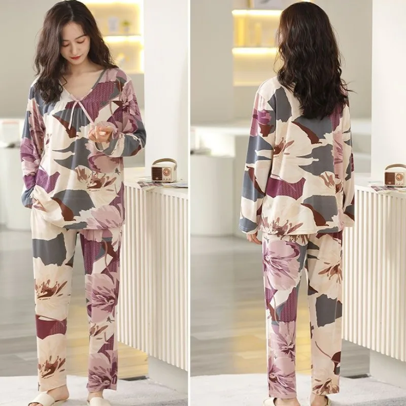 2024 New Pajama Women Spring Autumn Long Sleeved Modal Cotton Silk Homewear Middle-aged and Elderly Pullover Loose Sleepwear Set