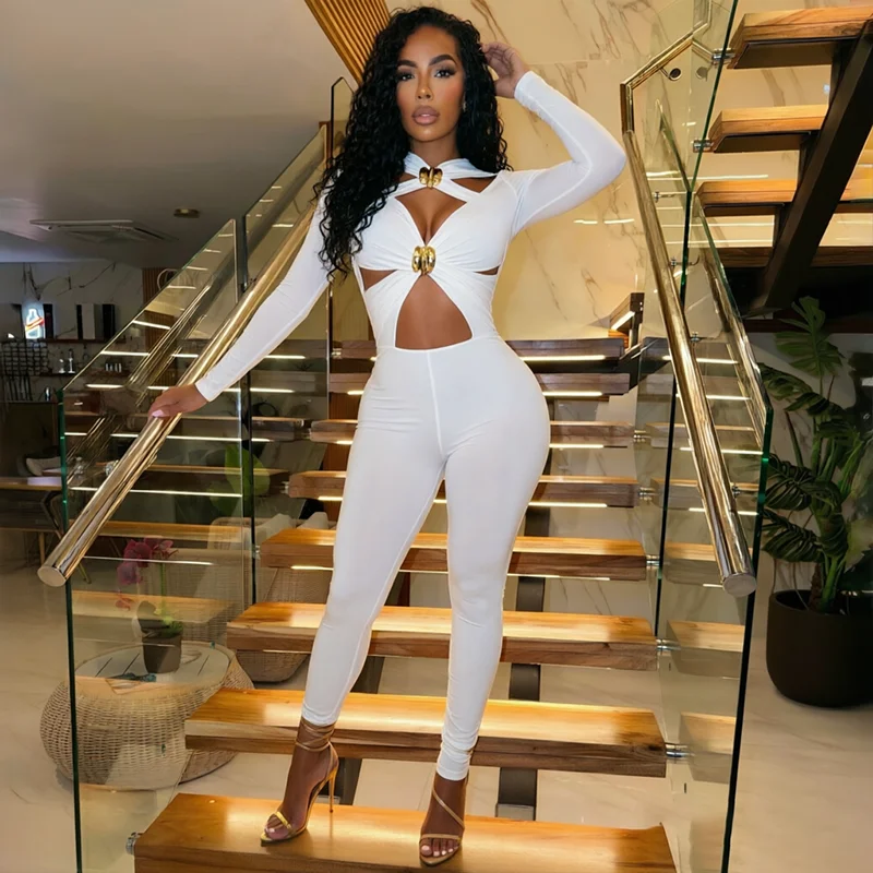 Sexy Hot Girl Crop-Top mit Lochmuster, Metallreißverschluss, Langen Ärmeln und Einfarbigen Leggings – Detail 9