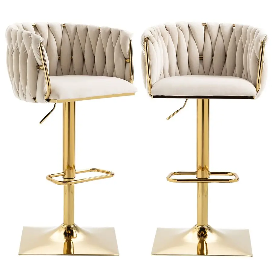 

Набор из 2 барных стульев с велюровой обивкой, с плетеной вручную спинкой, удобные регулируемые по высоте стулья для барной стойки с золотым квадратным основанием