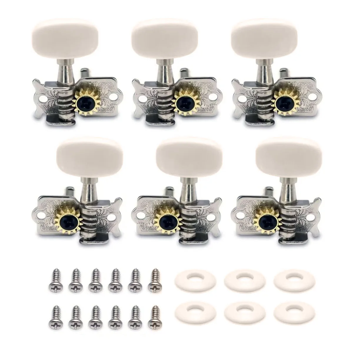 6Pcs Replacement Guitar Strings Button 3L+3R - 1:14 Gear Ratio Tuning Keys, Double Hole Design with Washers & Screws Included