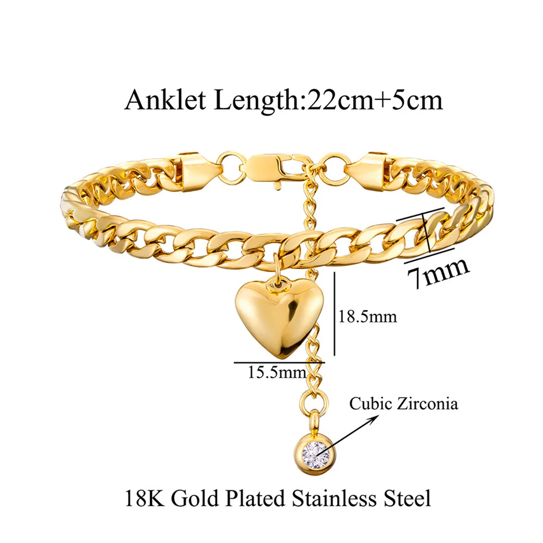 Heart Cuban Link Chain Anklet For Women Gold Silver Color Stainless Steel Foot Leg Ankle Bracelet Punk Summer Beach Jewelry Gift