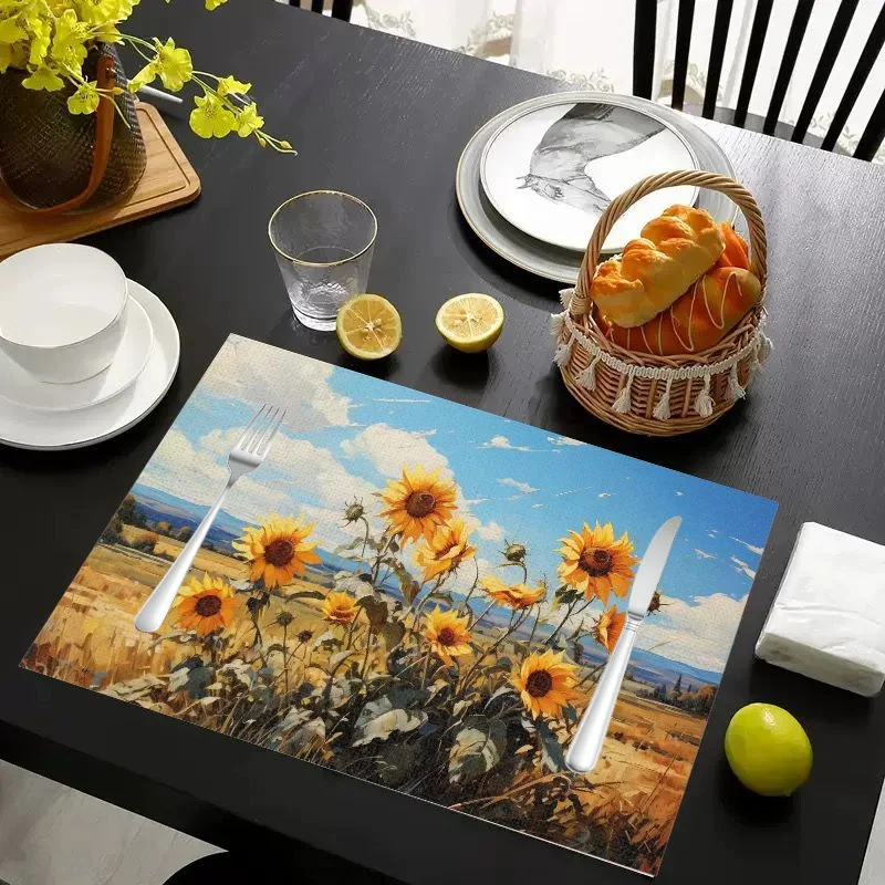 VIKAMA Placemat Sunflower Oil Painting Print, Waterproof Oil-Proof Heat-Resistant Non-Slip Dining Table Mat