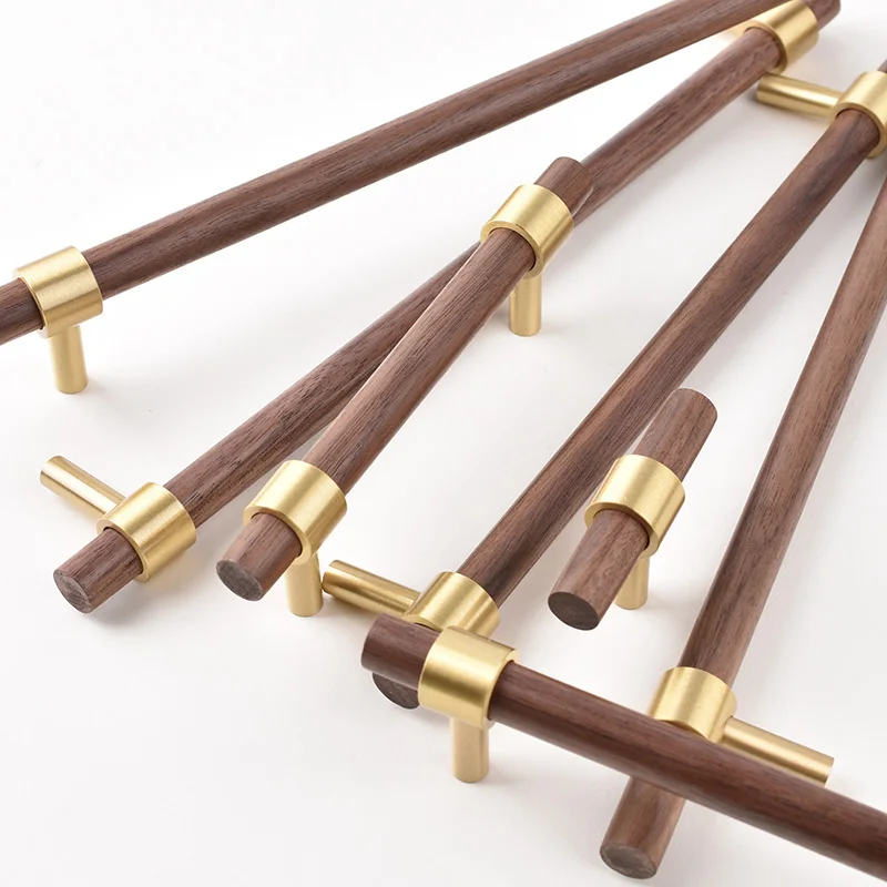 Various Sizes Black Walnut Beech Wooden Handles Drawer Knobs Gold Kitchen Furniture Door Handles Cupboard Brass Cabinet Pulls