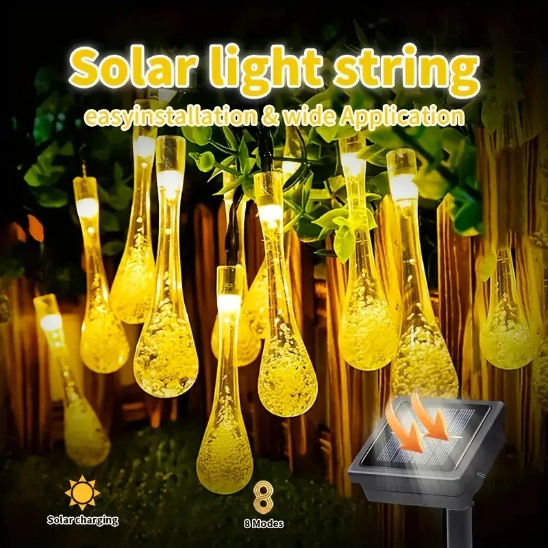 

Solar LED Crystal Teardrop Shape Light String Outdoor with 20/30/50 LEDs 8-Function Water Drop Pendant Lamp for Garden Christmas