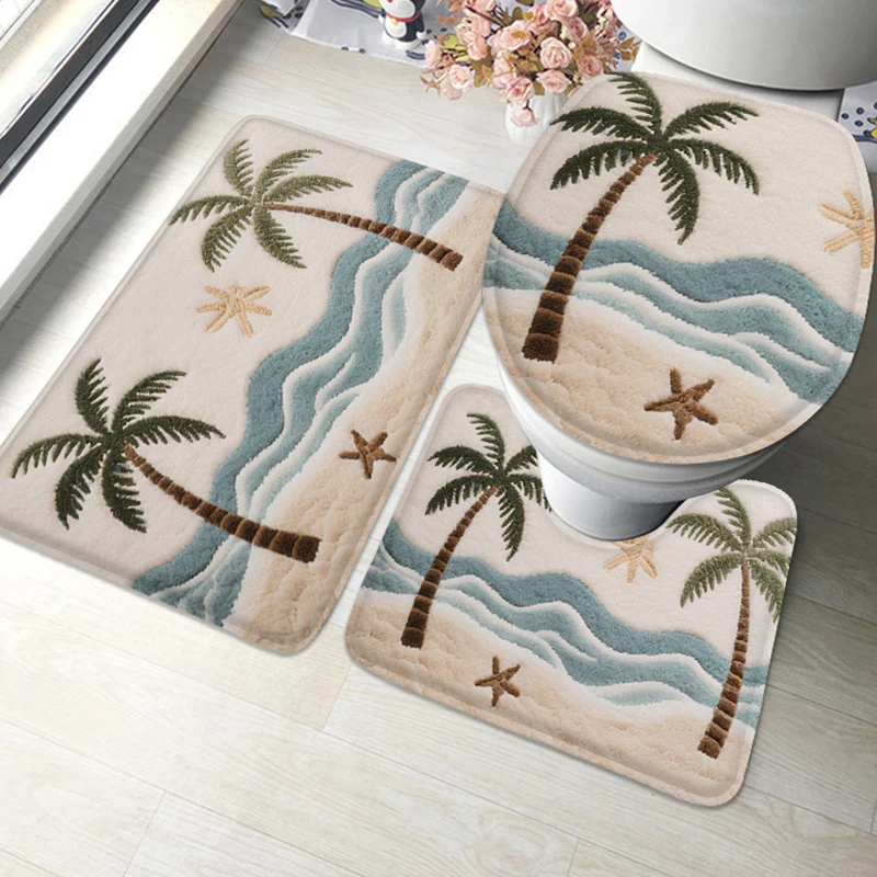 Kokosnussbaum-Muster Natürliche Badezimmer-Fußmatte, Rutschfeste Türmatte, Kleiner Teppich für den Duschbereich, Wasseraufnehmende Toiletten-Fußmatte