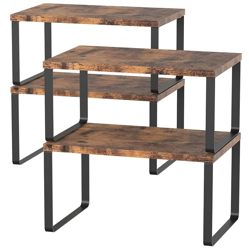 

Set Of 4 Counter Shelves Kitchen Stackable Cabinet Shelf Wood Organizer Expandable Counter Top Racks Brown Bathroom Counter