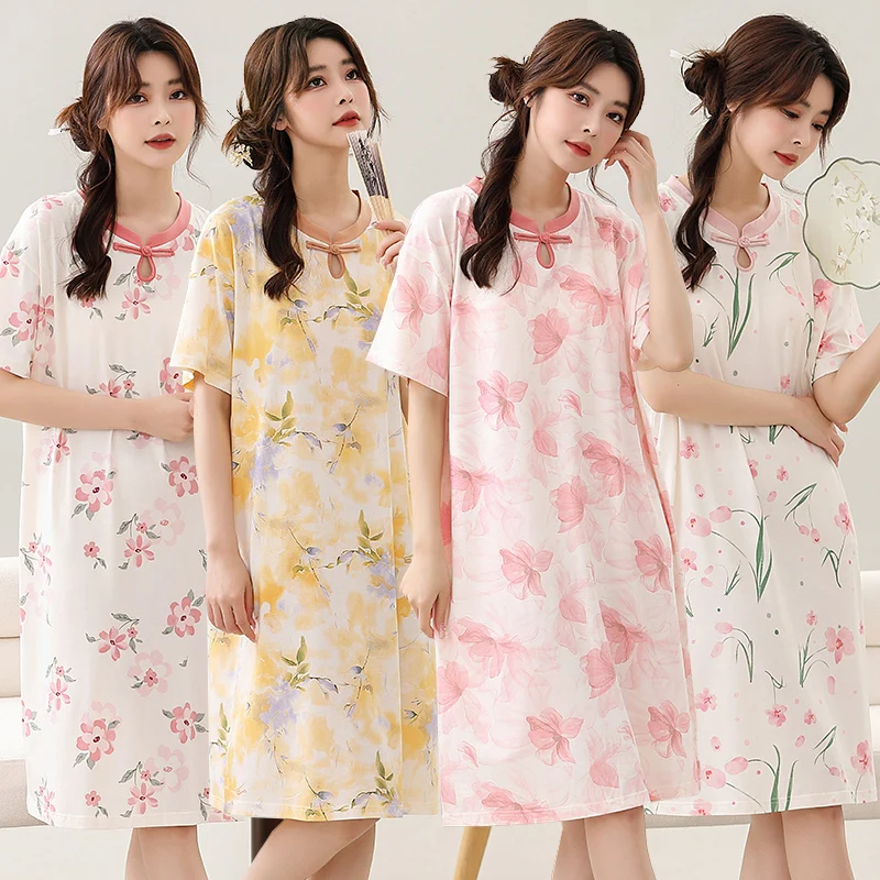 2024 Summer Chinese Style Short Sleeve Lyocell Print Nightgowns for Women Cute Girl Sleepwear Night Dress Nightdress Home Nighty