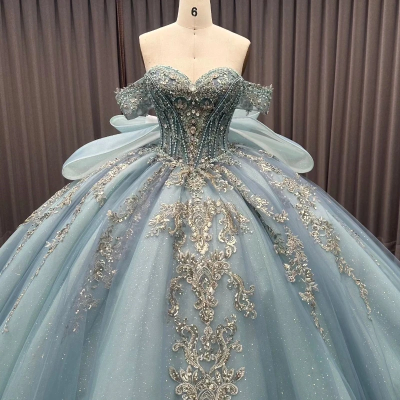 Vestidos De quinceañera brillantes De color azul marino claro De lujo, apliques De cuentas De cristales, Vestidos De tul con lazo De 15 Anos, corsé para fiesta De cumpleaños Swe