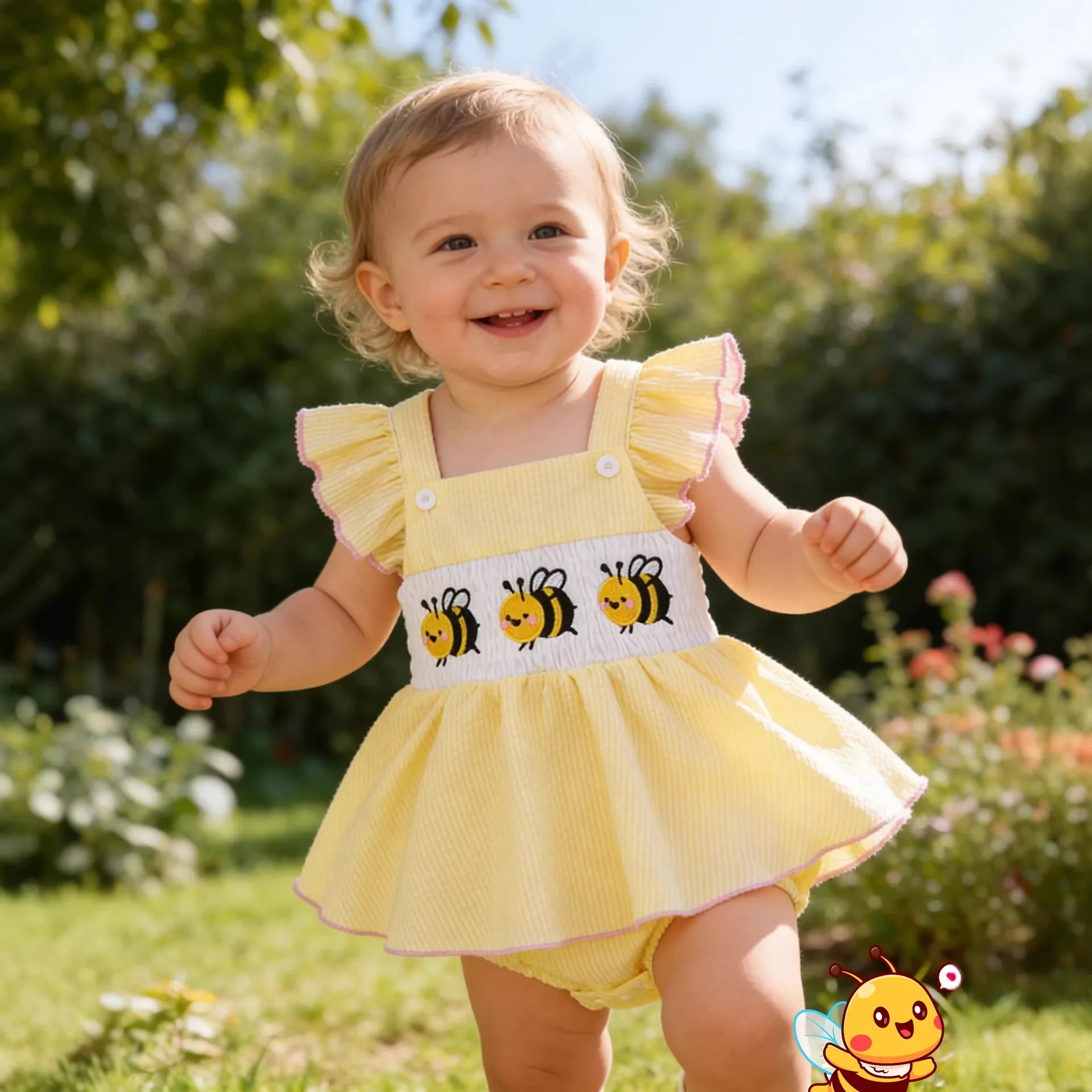 Summer female infant three little bees embroidery yellow Romper sweet and cute