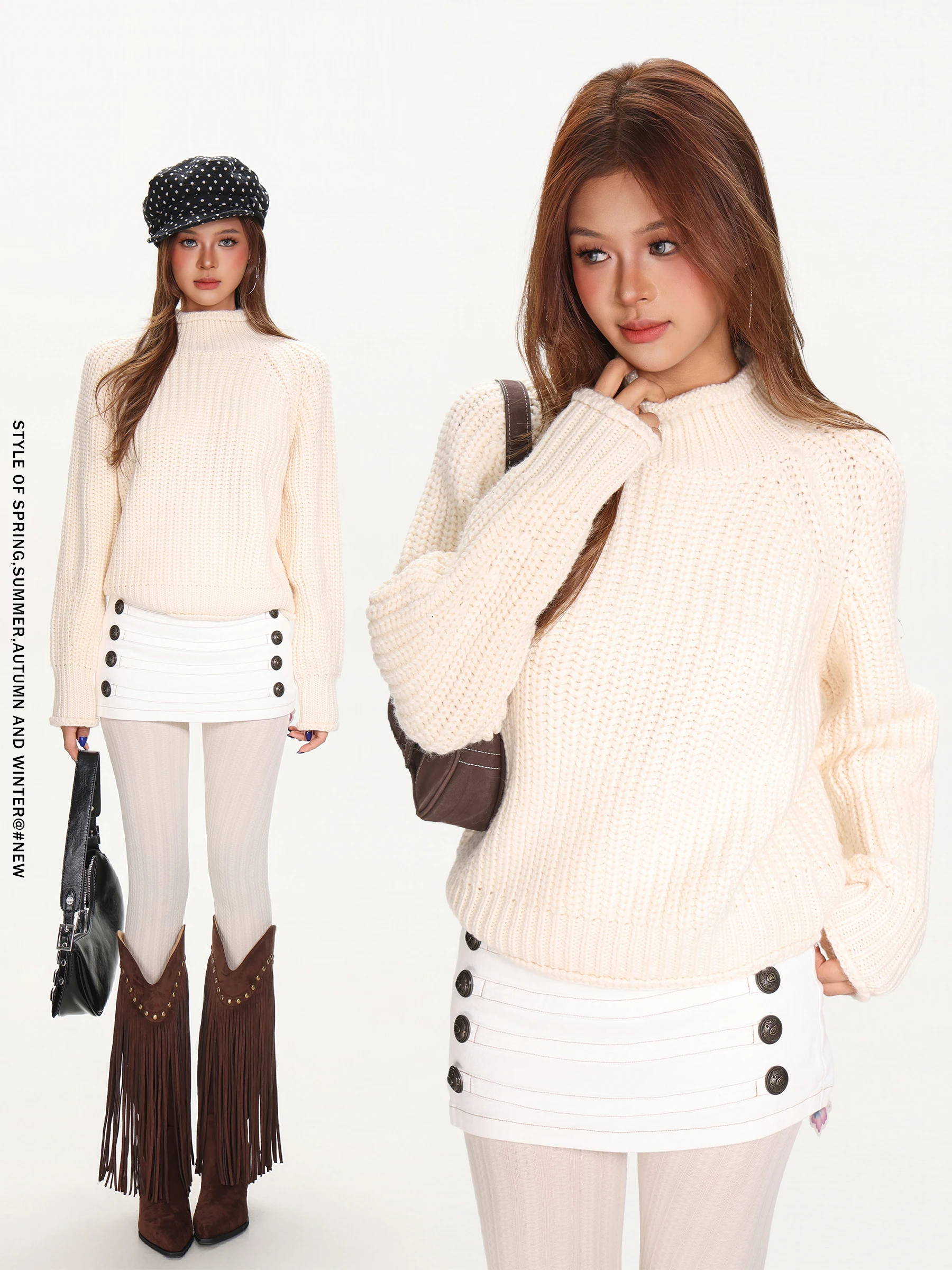 

Женский повседневный свитер крупной вязки с высоким воротником, свободного кроя, для ношения под одеждой, с длинными рукавами, теплый, осенне-зимний, бежевый