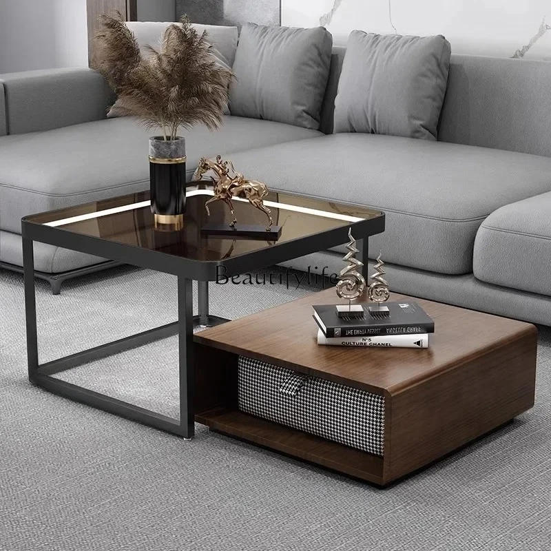 

Solid Wood Square Coffee Tables for Living Room Light Luxury Glass with Light Table Italian Simple Design