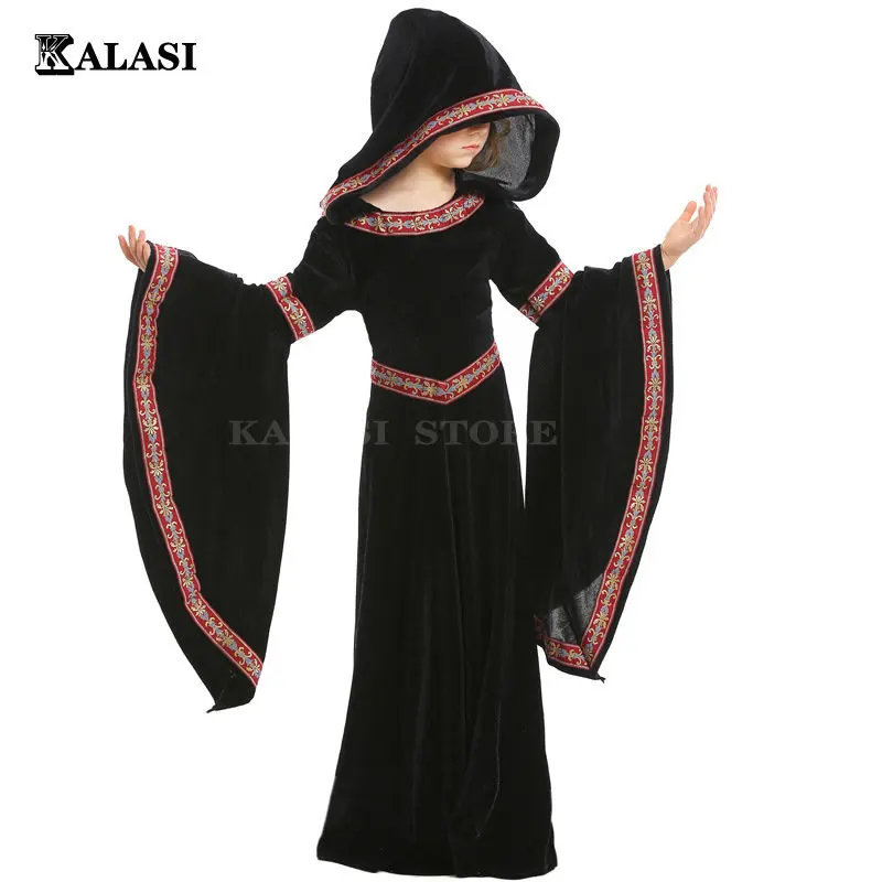 

Medieval Cosplay Vampire Witch Dress Halloween Costumes for Kids Girls Middle Ages Carnival Party Performance Long Dresses Hoody