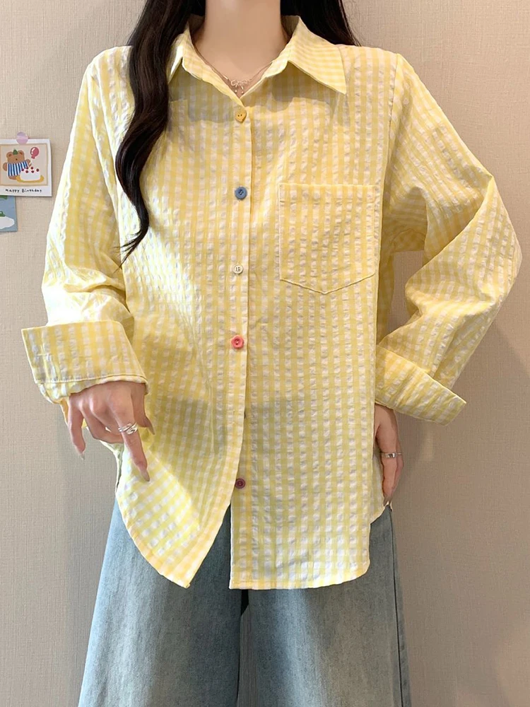

Women Long Sleeve Plaid Shirt Sweet Vintage Loose Cute Korean Blouse Casual Simple Retro Colors Buttons Female Fall Tops ZT117