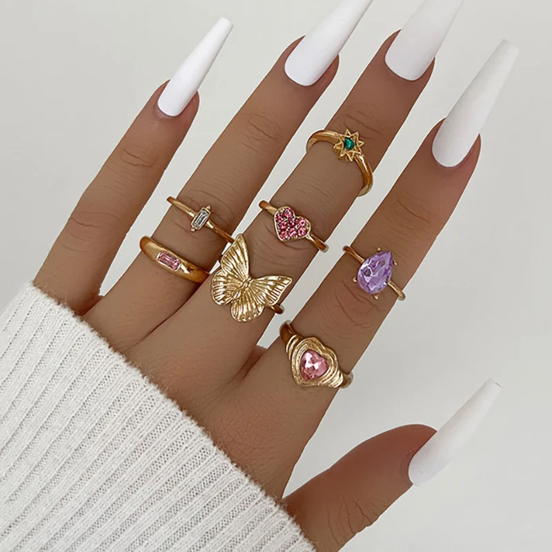 Pink Acrylic Butterfly Knuckle Ring Set For Women Crystal Enamel Mushroom Yin Yang Flower Rings Girls Fashion Jewelry
