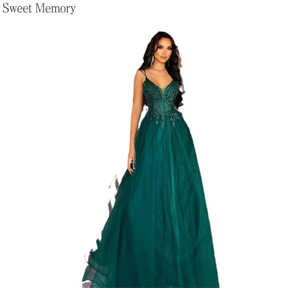 N129 personalizado verde escuro vestido de noite formal doce memória senhora sexy banquete anfitrião cinta espaguete vestido de festa de casamento