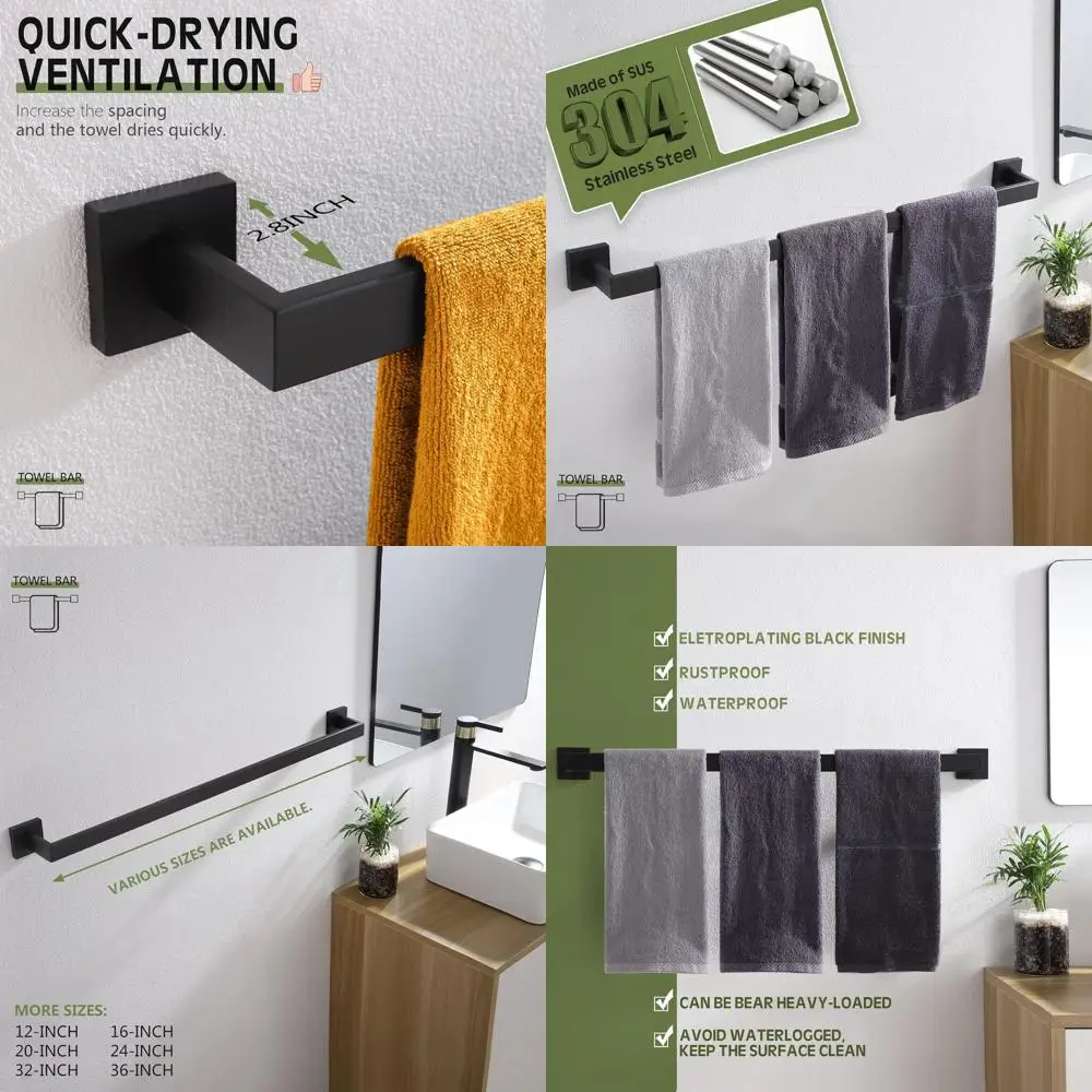 

32-Inch Wall-Mounted Matte Black Stainless Steel Towel Bar, 2-Pack for Bathroom or Kitchen