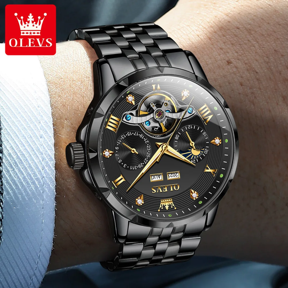 OLEVS Original Luxury Brand Watch Men Black Stainless steel Flywheel Design Auto Date Waterproof Automatic Mechanical Wristwatch