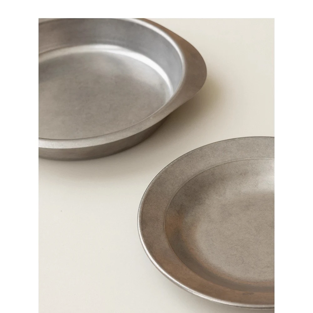 Simple Home Kitchenware Stainless Steel Dinner Plate American Retro Style Outdoor Dinner Party Portable Heating Round Dish Plate