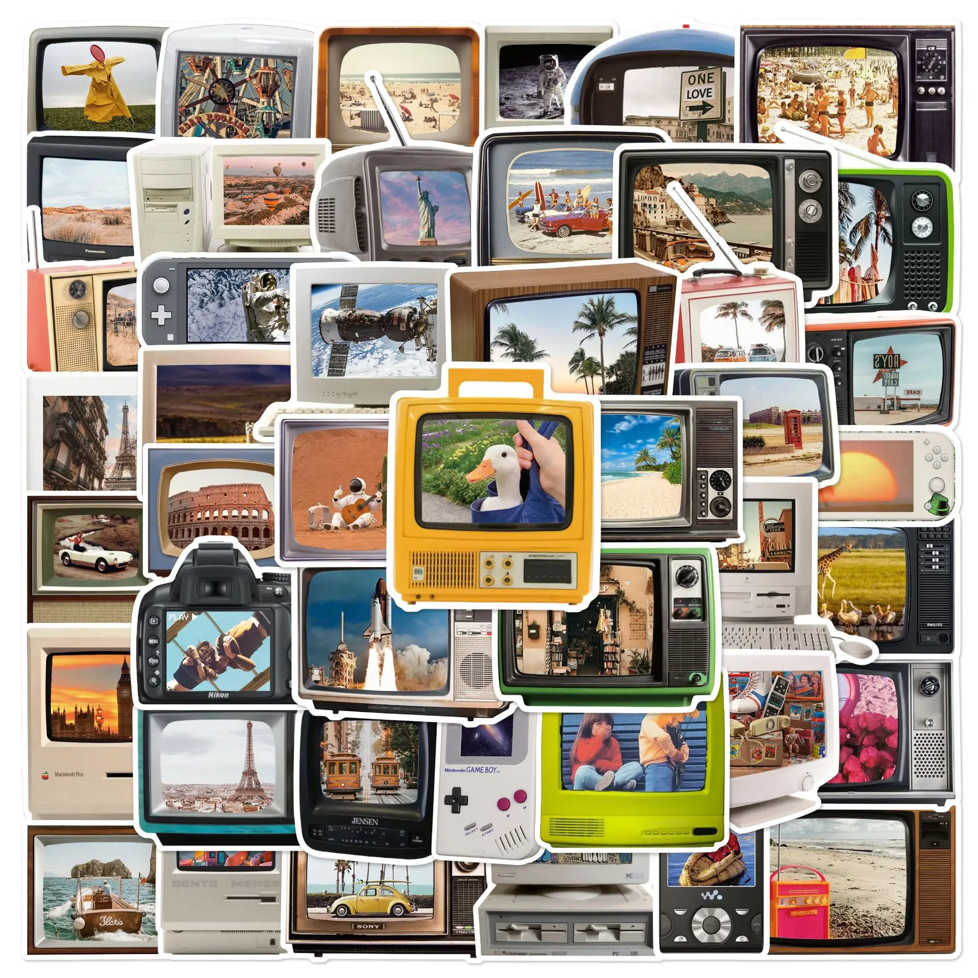 50개 빈티지 TV 세트 컴퓨터 아트 그래피티 스티커 레트로 데칼 DIY 전화기 냉장고 노트북 스케이트보드 여행가방 방수 장난감