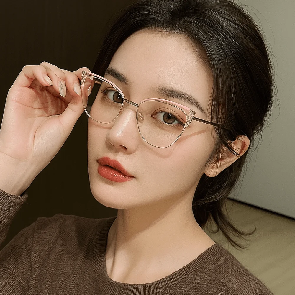Rhinestone Studded Anti-blue Light Glasses Metal Frame Transparent Square Frame Myopia Glasses Eye Protective Lightweight