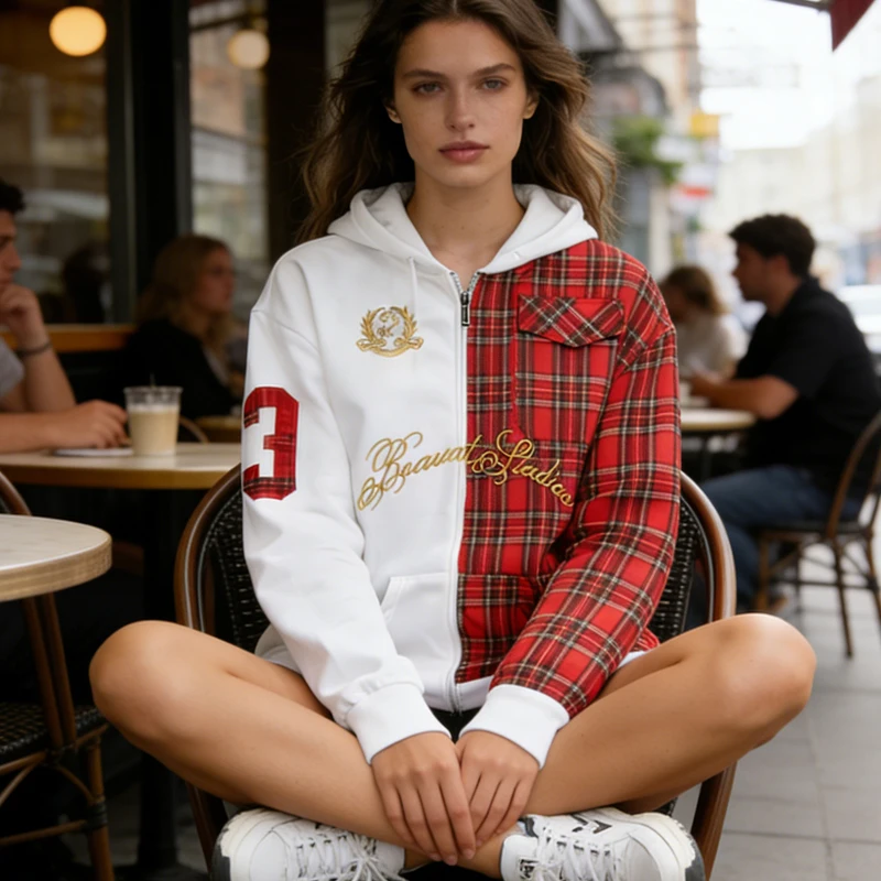 

Y2K Уличный стиль Толстовка на молнии Красная сетка Контрастная буква в стиле хип-хоп Свободные и универсальные повседневные мужские и женские толстовки с вышивкой