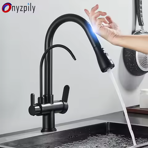 Onyzpily Black Touch/NO Sensor Kitchen Faucet Pull Out Sink Faucets Hot Cold Mixer Pure Water Tap Deck Mounted Taps Dual Handle