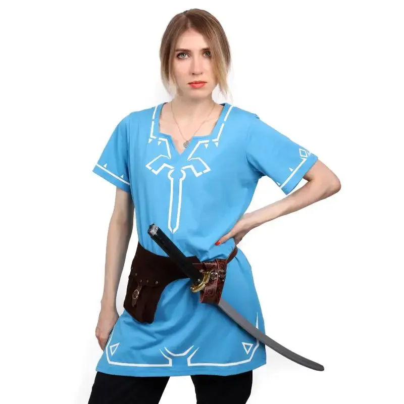 Dazcos Spiel Anime Shirt Tunika Cosplay Kostüm Karneval Halloween Erwachsene Frauen Held Tunika Link Cosplay blau Hemd Kleid