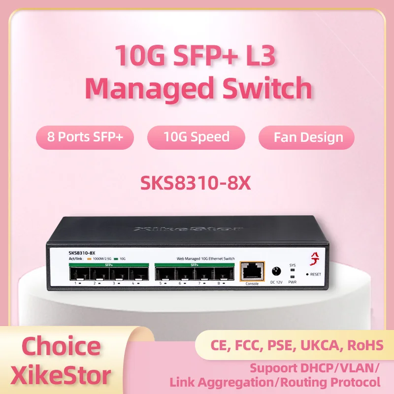 Switch gestito XikeStor 10G SFP+ L3 a 8 porte con supporto DHCP/VLAN/Agregazione porta/Funzione di interruzione/Agregazione collegamento