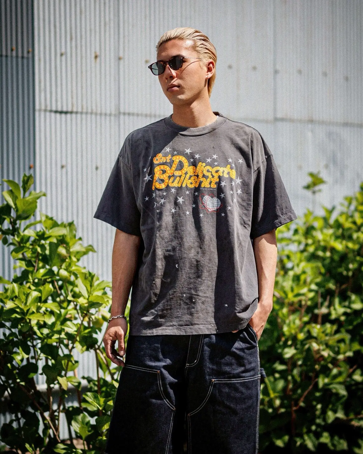 

Saint Michael American Style Washed Clothing star neon sign slogan print casual men's and women's loose short sleeve T-shirt