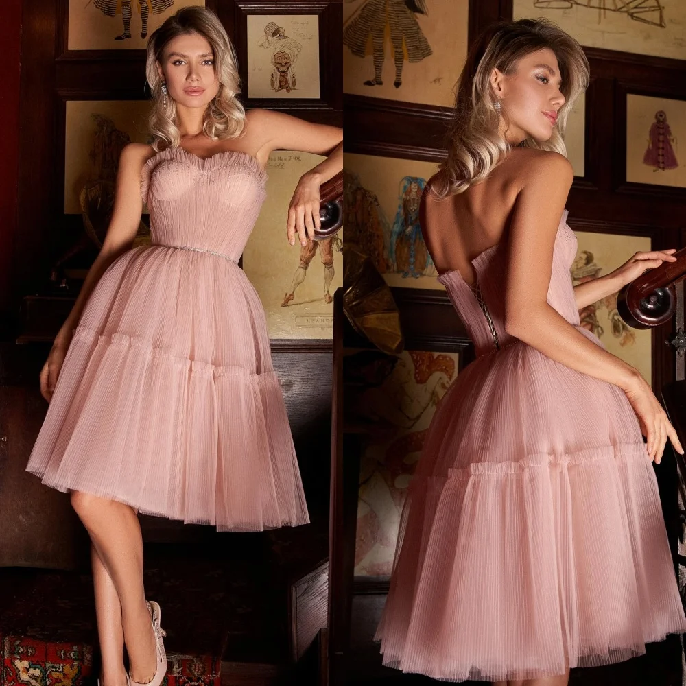

Customized High Quality Classic Tulle Ruched A-line Strapless Knee Length Dresses Bespoke Occasion Dresses Modern Style Elegant
