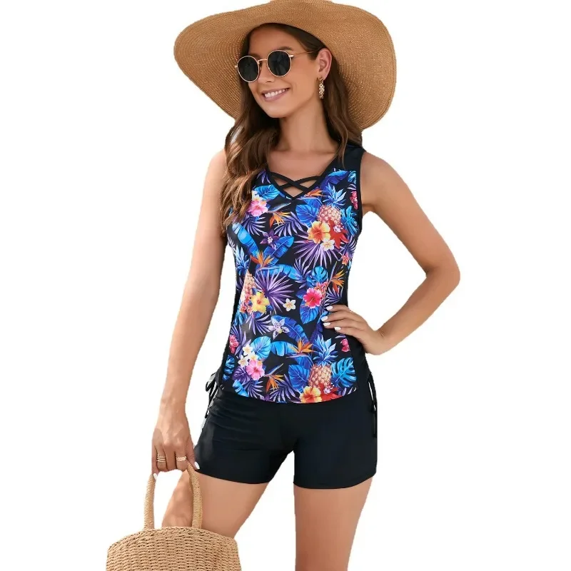 Women\'s Bathing Suit Flower Print  Halter Neck Tankini Set Summer Beach Wear Cute Swimwear Women Swimsuit Sexy Bikini Beachwear