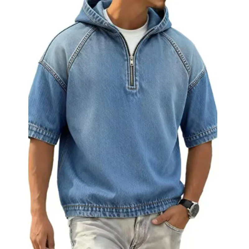 

2026 Spring Summer New Men's 100% Cotton Hoodie Blouse Loose Solid Vintage Tops Shorts Sleeve Tee Shirt Casual Men's Sweatshirt